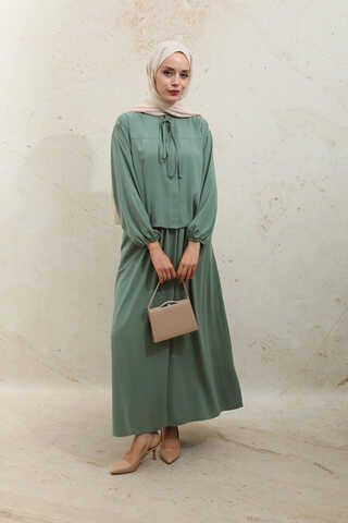 Yakası Bağcıklı Gömlek Etek Takım Mint - 4