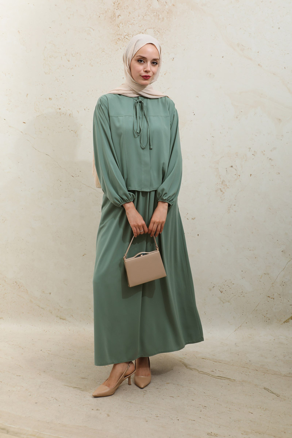 Yakası Bağcıklı Gömlek Etek Takım Mint - 4