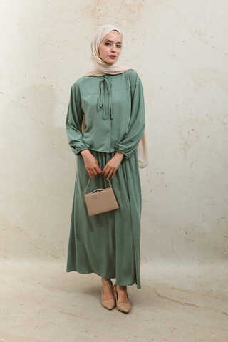 Yakası Bağcıklı Gömlek Etek Takım Mint - 5