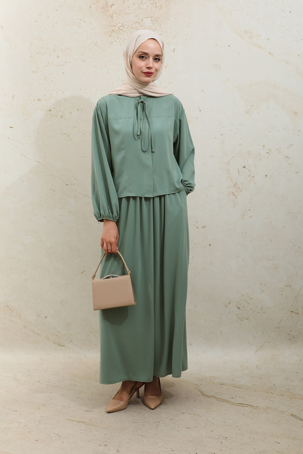 Yakası Bağcıklı Gömlek Etek Takım Mint - 6