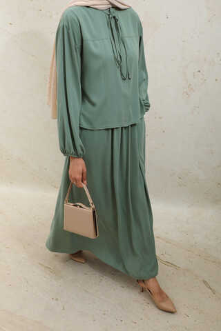 Yakası Bağcıklı Gömlek Etek Takım Mint - 8