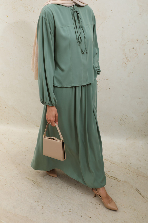 Yakası Bağcıklı Gömlek Etek Takım Mint - 8