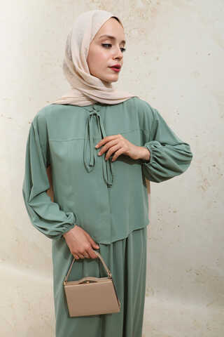 Yakası Bağcıklı Gömlek Etek Takım Mint - 9