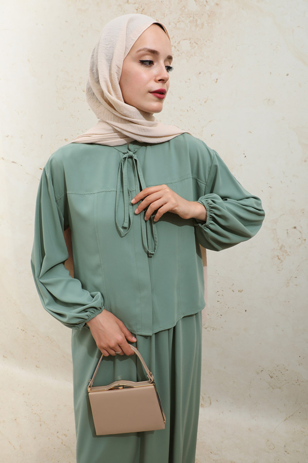 Yakası Bağcıklı Gömlek Etek Takım Mint - 9