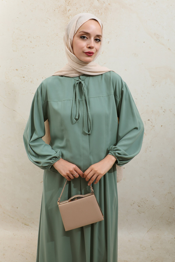 Yakası Bağcıklı Gömlek Etek Takım Mint - 10