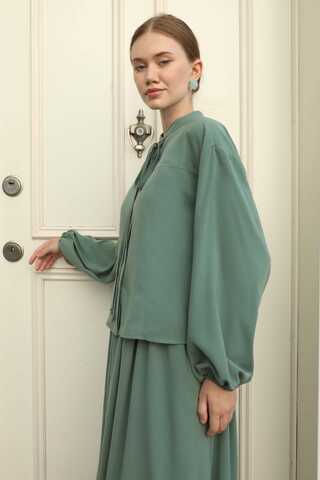 Yakası Bağcıklı Gömlek Etek Takım Mint - 2