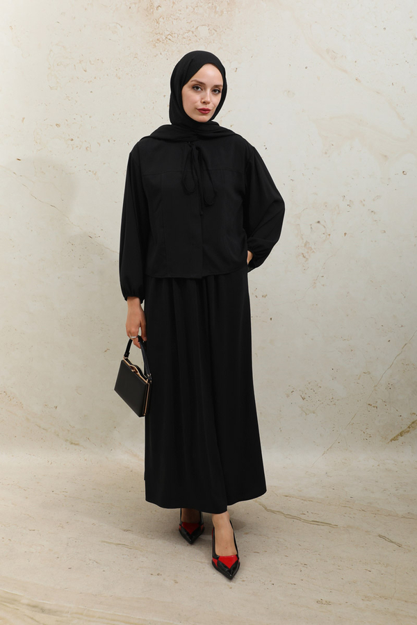 Yakası Bağcıklı Gömlek Etek Takım Siyah - 4