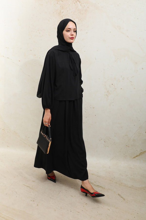 Yakası Bağcıklı Gömlek Etek Takım Siyah - 6