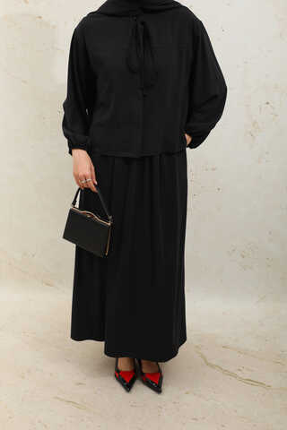 Yakası Bağcıklı Gömlek Etek Takım Siyah - 7