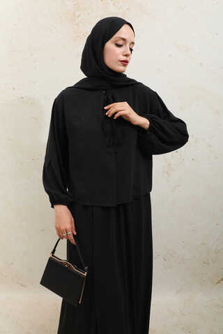 Yakası Bağcıklı Gömlek Etek Takım Siyah - 8