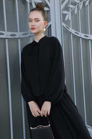 Yakası Bağcıklı Gömlek Etek Takım Siyah - 3