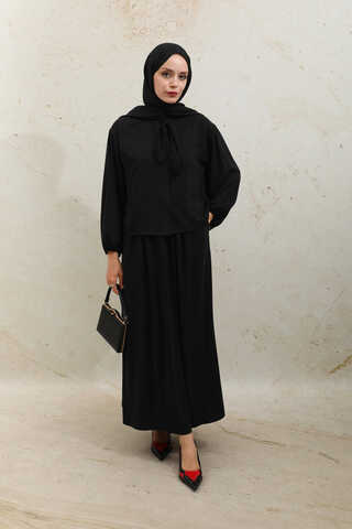 Yakası Bağcıklı Gömlek Etek Takım Siyah - 4