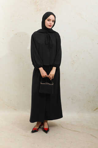 Yakası Bağcıklı Gömlek Etek Takım Siyah - 5