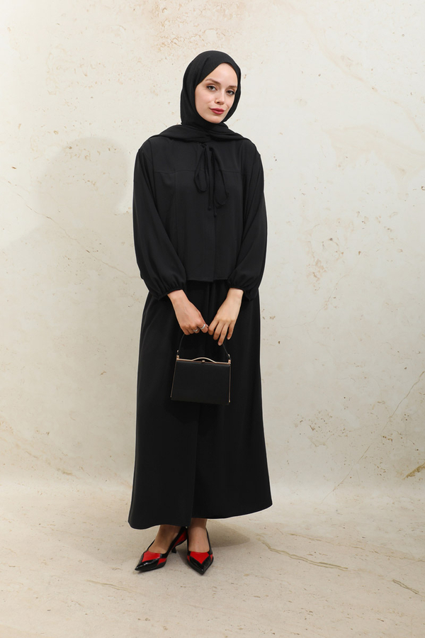 Yakası Bağcıklı Gömlek Etek Takım Siyah - 5