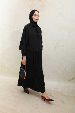 Yakası Bağcıklı Gömlek Etek Takım Siyah - 6