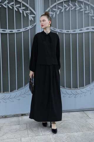 Yakası Bağcıklı Gömlek Etek Takım Siyah - 1