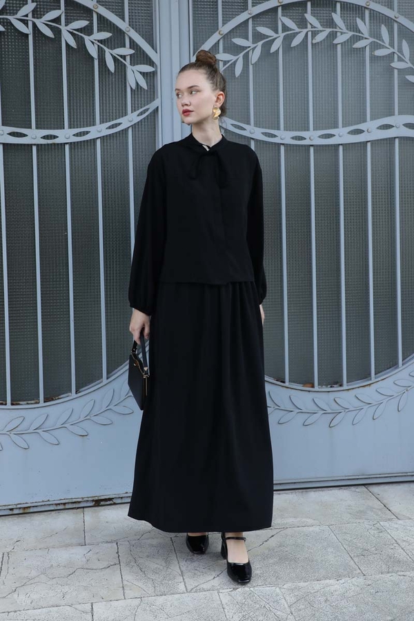 Yakası Bağcıklı Gömlek Etek Takım Siyah - 1