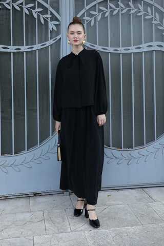 Yakası Bağcıklı Gömlek Etek Takım Siyah - 2