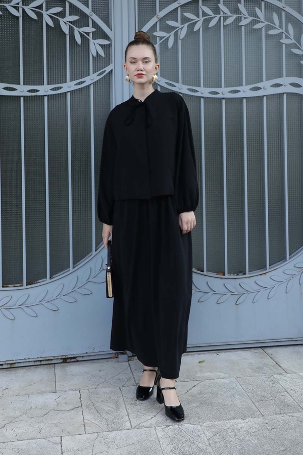 Yakası Bağcıklı Gömlek Etek Takım Siyah - 2