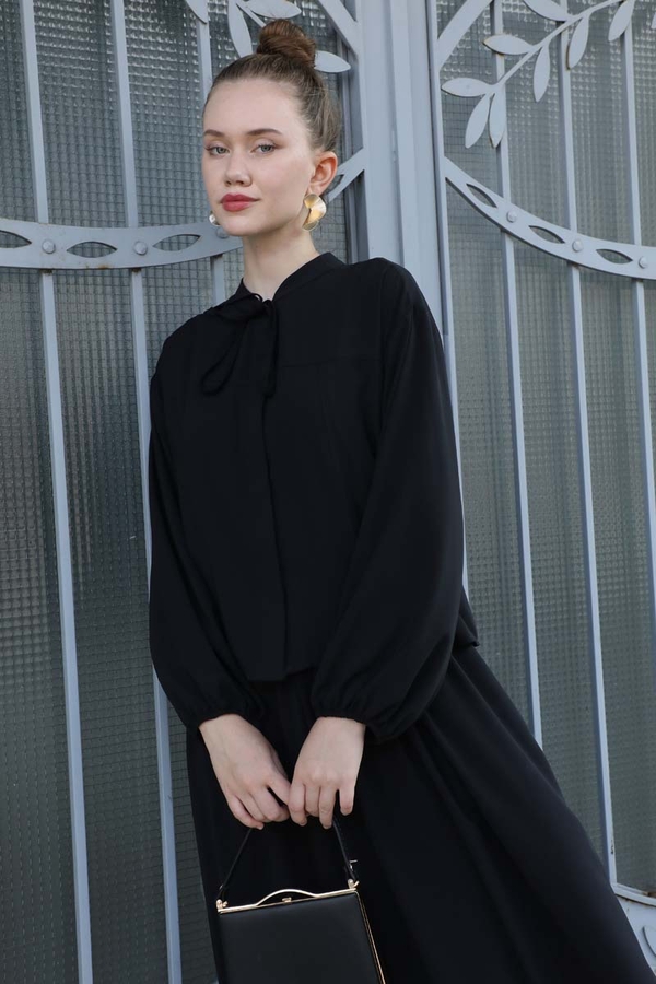 Yakası Bağcıklı Gömlek Etek Takım Siyah - 3