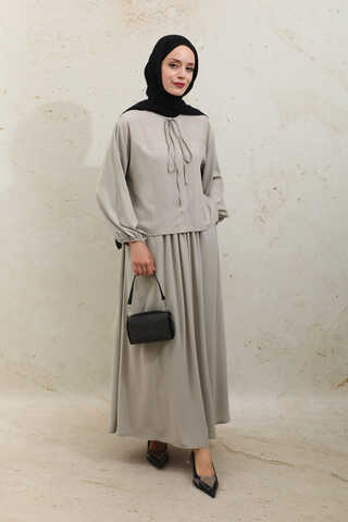 Yakası Bağcıklı Gömlek Etek Takım Taş - 4