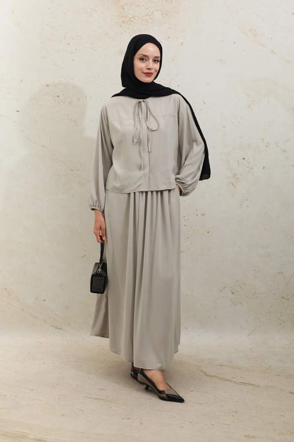 Yakası Bağcıklı Gömlek Etek Takım Taş - 5