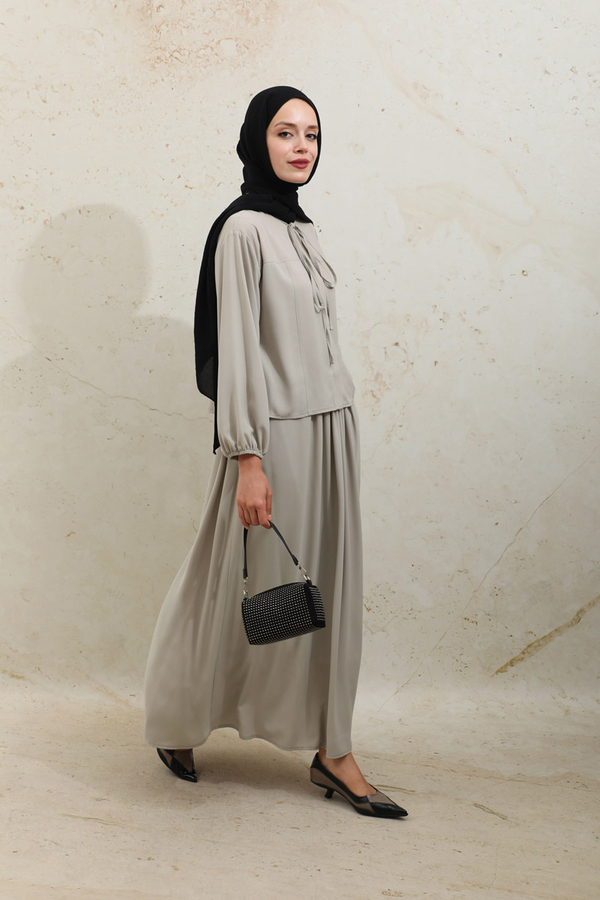 Yakası Bağcıklı Gömlek Etek Takım Taş - 6