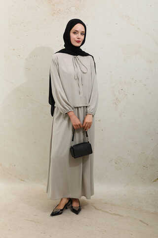 Yakası Bağcıklı Gömlek Etek Takım Taş - 7