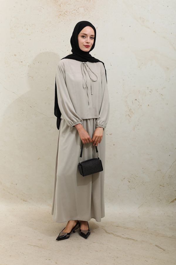 Yakası Bağcıklı Gömlek Etek Takım Taş - 7