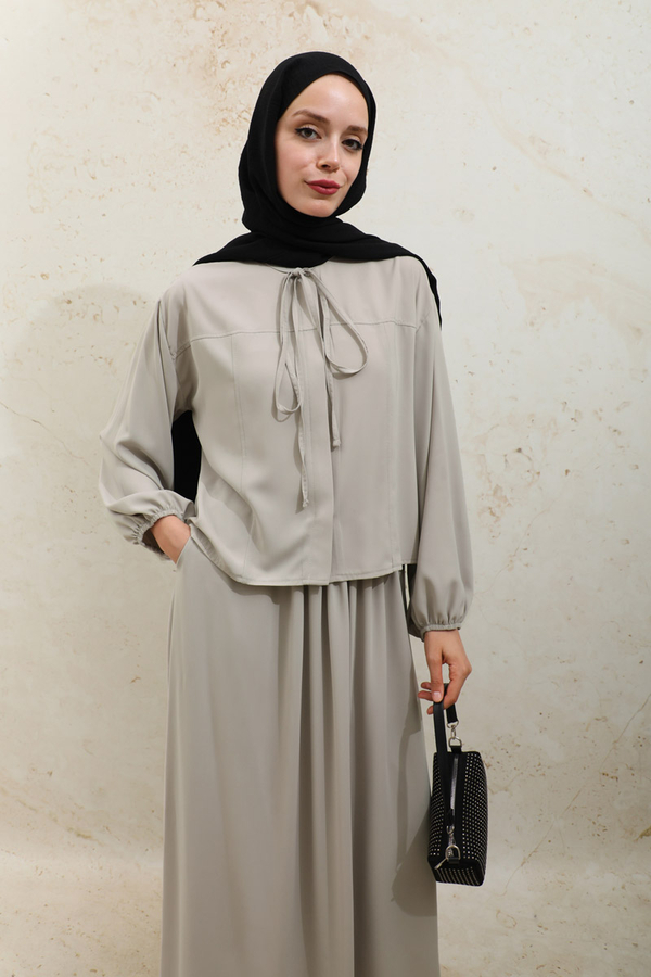Yakası Bağcıklı Gömlek Etek Takım Taş - 11