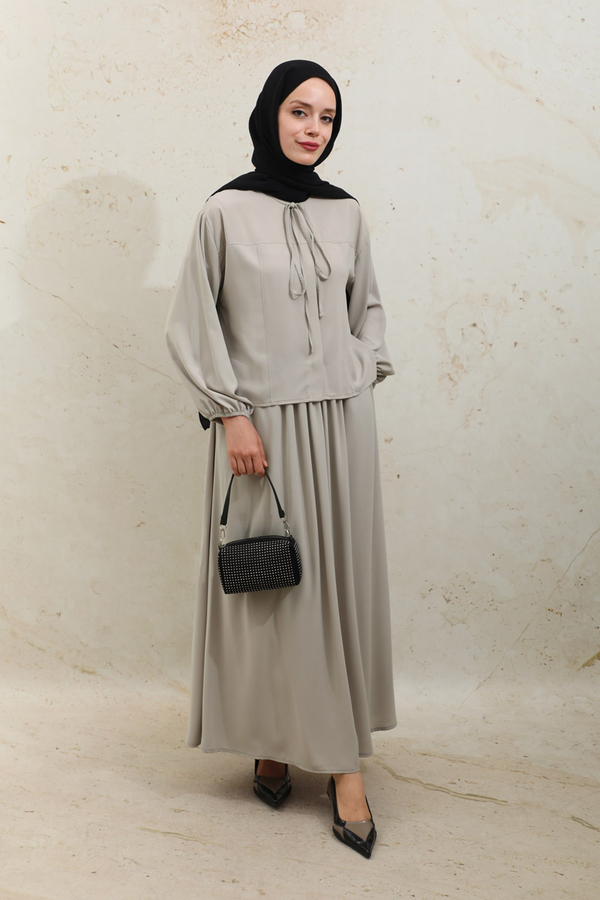 Yakası Bağcıklı Gömlek Etek Takım Taş - 4