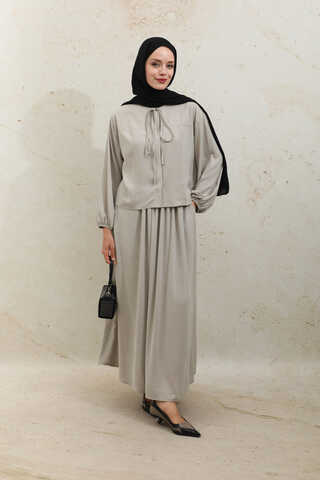Yakası Bağcıklı Gömlek Etek Takım Taş - 5