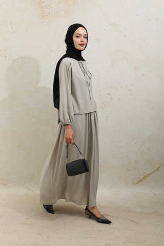 Yakası Bağcıklı Gömlek Etek Takım Taş - 6