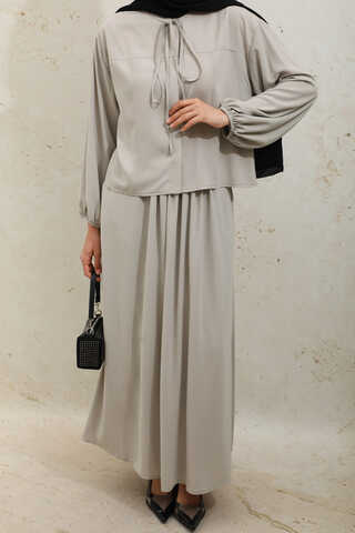 Yakası Bağcıklı Gömlek Etek Takım Taş - 8