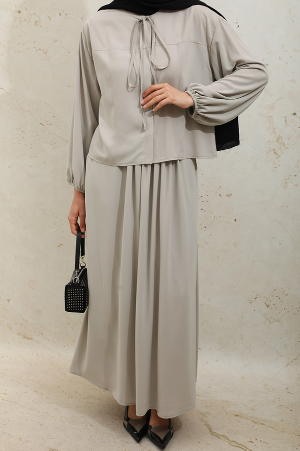 Yakası Bağcıklı Gömlek Etek Takım Taş - 8