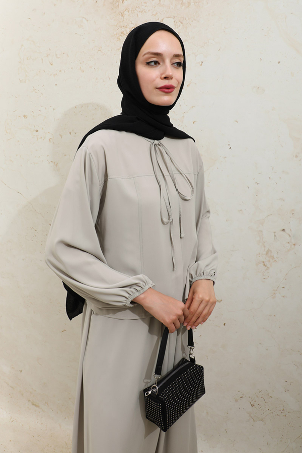 Yakası Bağcıklı Gömlek Etek Takım Taş - 9