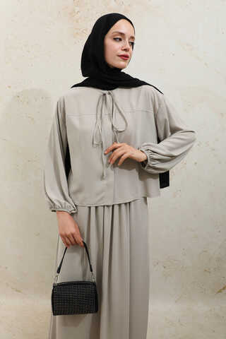Yakası Bağcıklı Gömlek Etek Takım Taş - 10