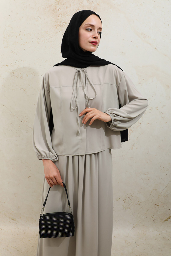 Yakası Bağcıklı Gömlek Etek Takım Taş - 10