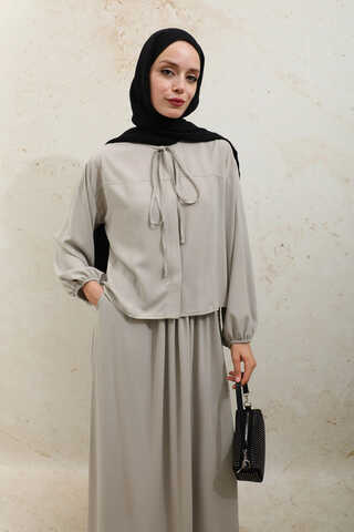 Yakası Bağcıklı Gömlek Etek Takım Taş - 11