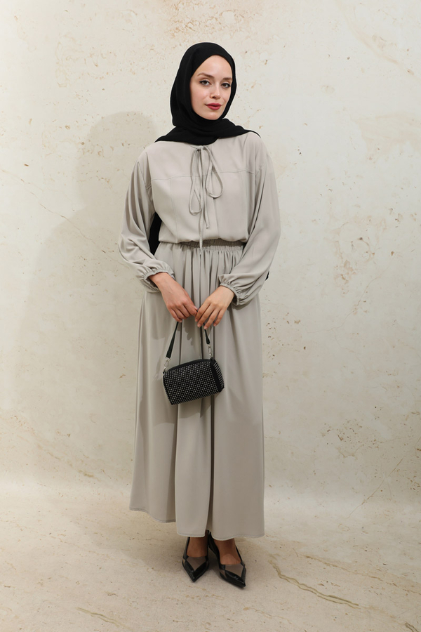 Yakası Bağcıklı Gömlek Etek Takım Taş - 13