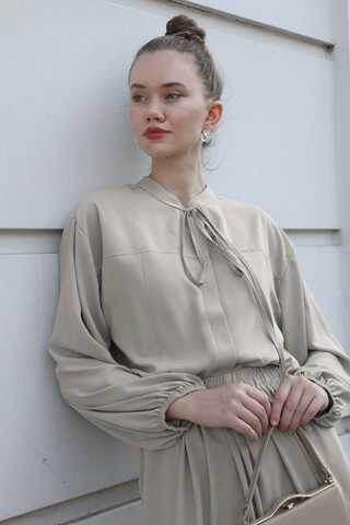 Yakası Bağcıklı Gömlek Etek Takım Taş - 3