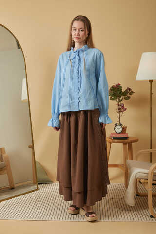 Yakası Bağcıklı Nervürlü Gömlek Bebe Mavisi - 3