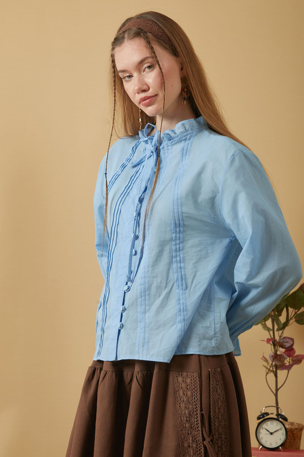 Yakası Bağcıklı Nervürlü Gömlek Bebe Mavisi - 4