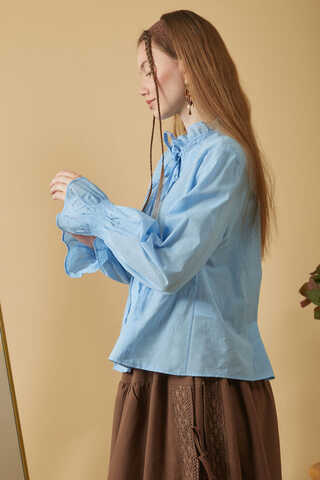 Yakası Bağcıklı Nervürlü Gömlek Bebe Mavisi - 5