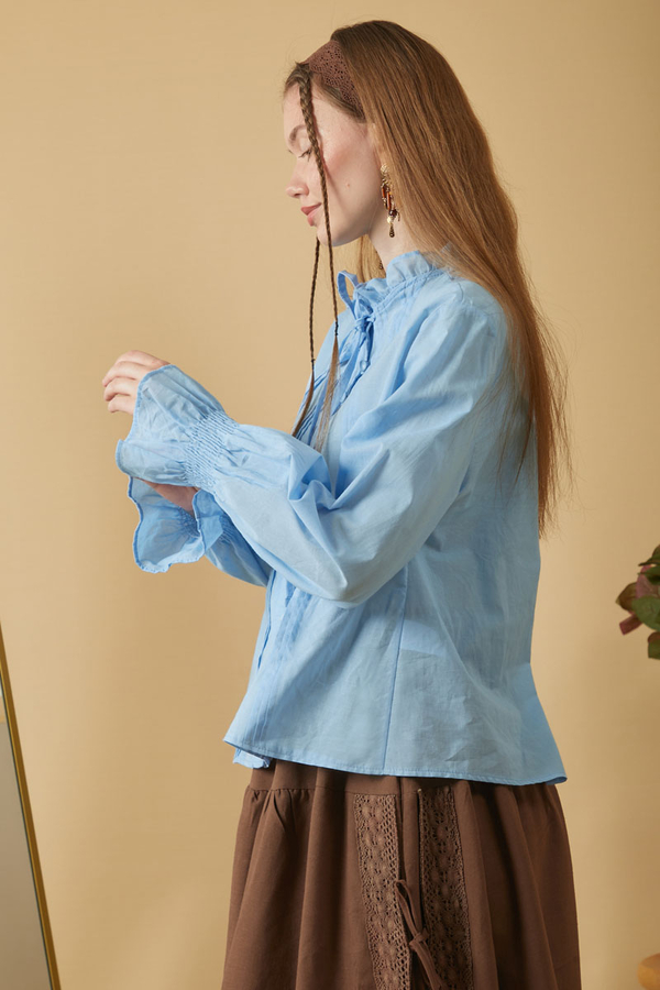 Yakası Bağcıklı Nervürlü Gömlek Bebe Mavisi - 5