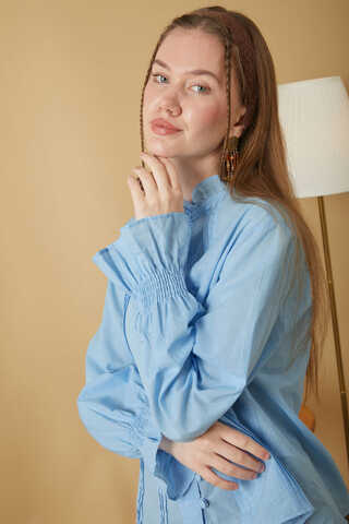 Yakası Bağcıklı Nervürlü Gömlek Bebe Mavisi - 10