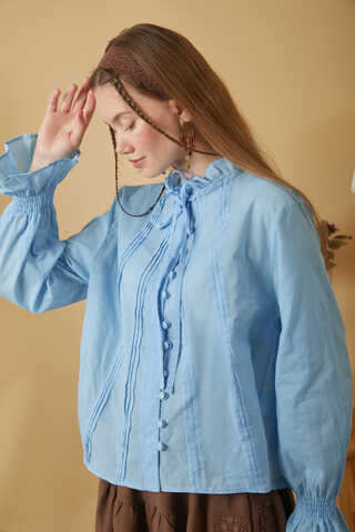 Yakası Bağcıklı Nervürlü Gömlek Bebe Mavisi - 11