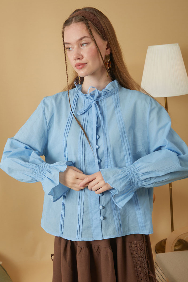 Yakası Bağcıklı Nervürlü Gömlek Bebe Mavisi - 12