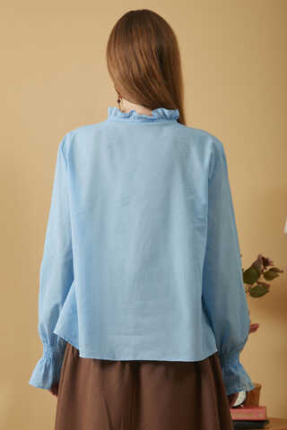 Yakası Bağcıklı Nervürlü Gömlek Bebe Mavisi - 6