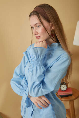 Yakası Bağcıklı Nervürlü Gömlek Bebe Mavisi - 9